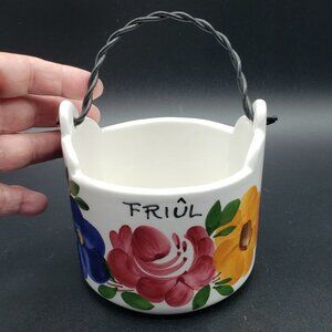 Italian Decorato A Mano Zoppola Friûl Floral Ceramic Metal Handle Basket Planter